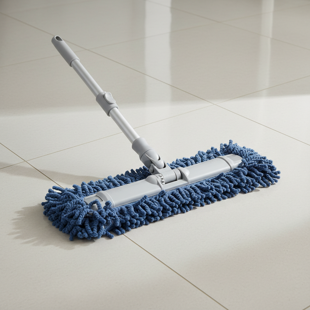 Cotton floor mop with handle on clean white floor background