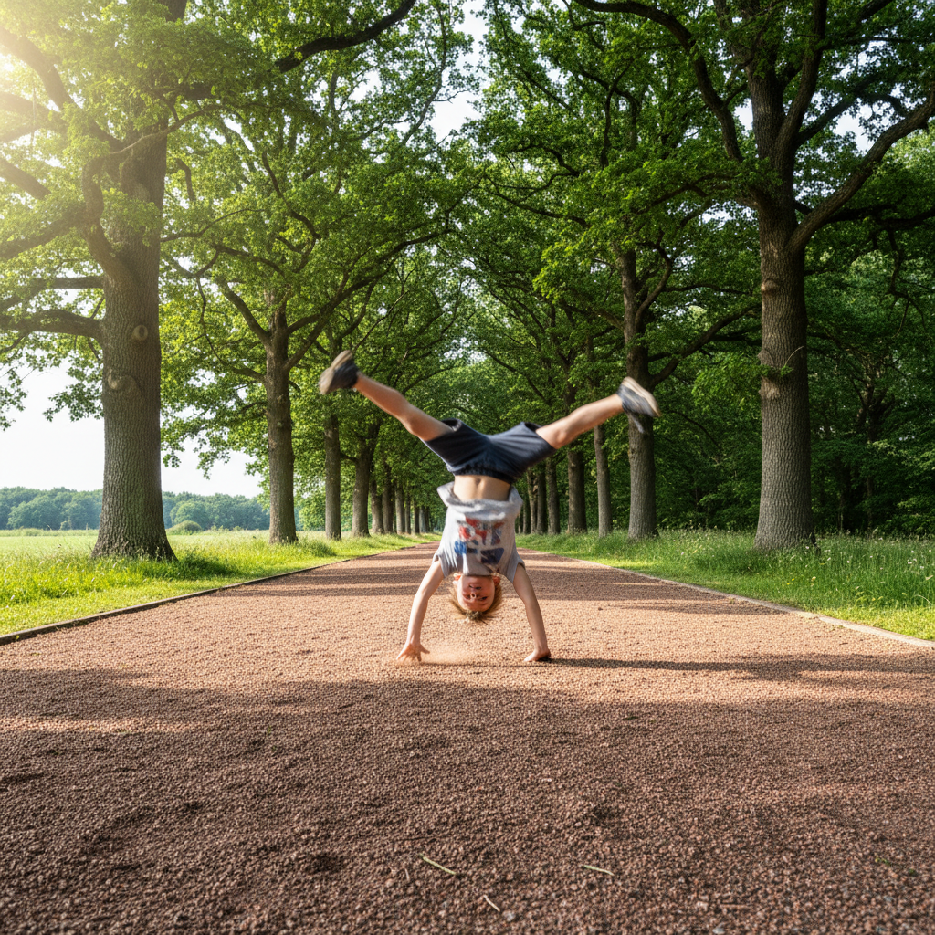 Child mid-cartwheel on a gravel track with oak trees in the background