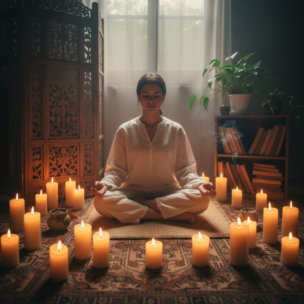Person in meditative seated position surrounded by warm morning light