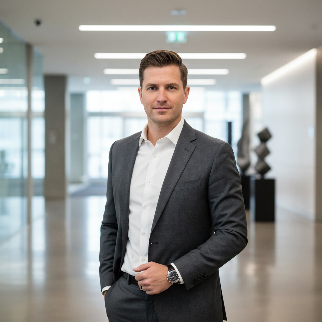 Professional man in dark blazer with confident expression, clean office background