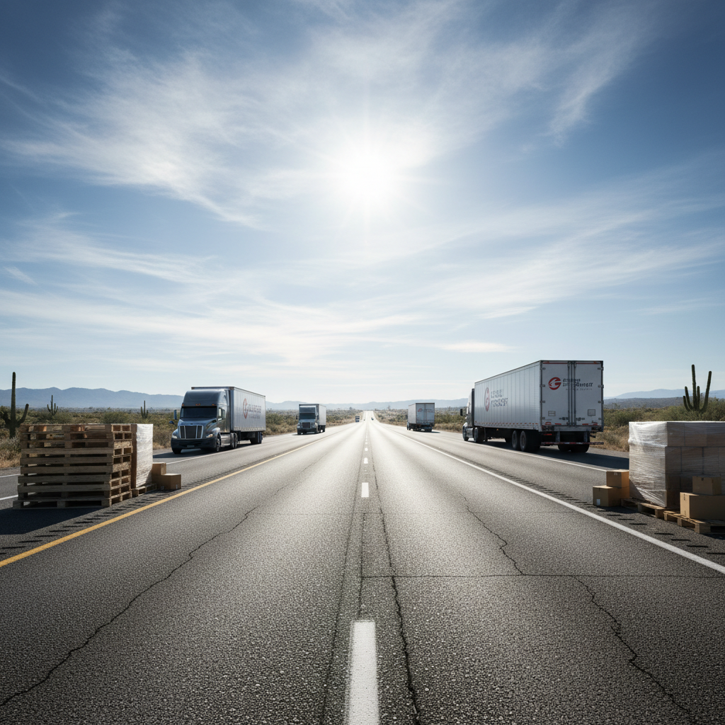 Freight truck convoy on open highway, bright sunny day, long straight road, commercial vehicles, wide open landscape