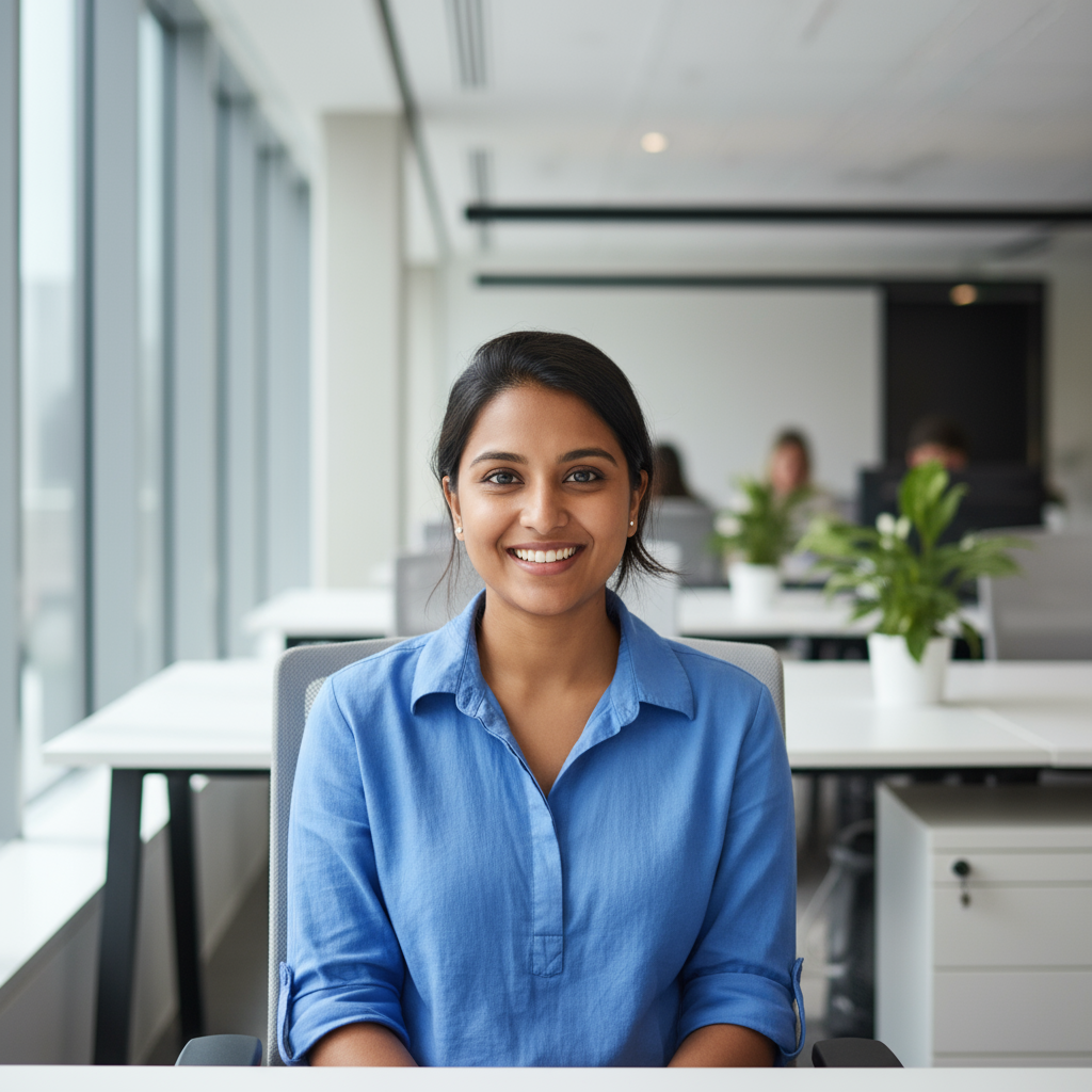 Young Indian woman professional in formal wear, approachable expression, bright office