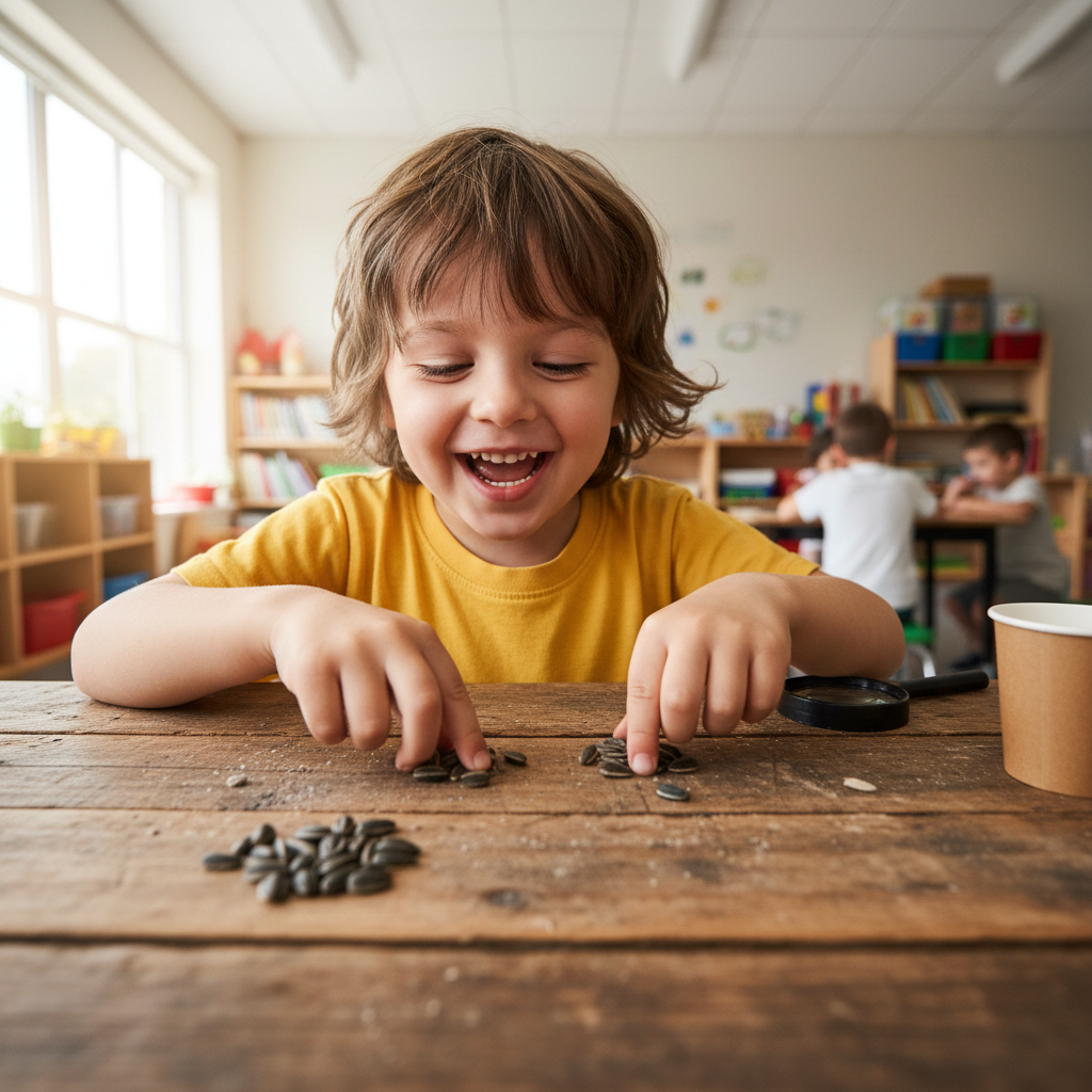 Child laughing while carefully counting sunflower seeds into small groups on a wooden table in a bright classroom