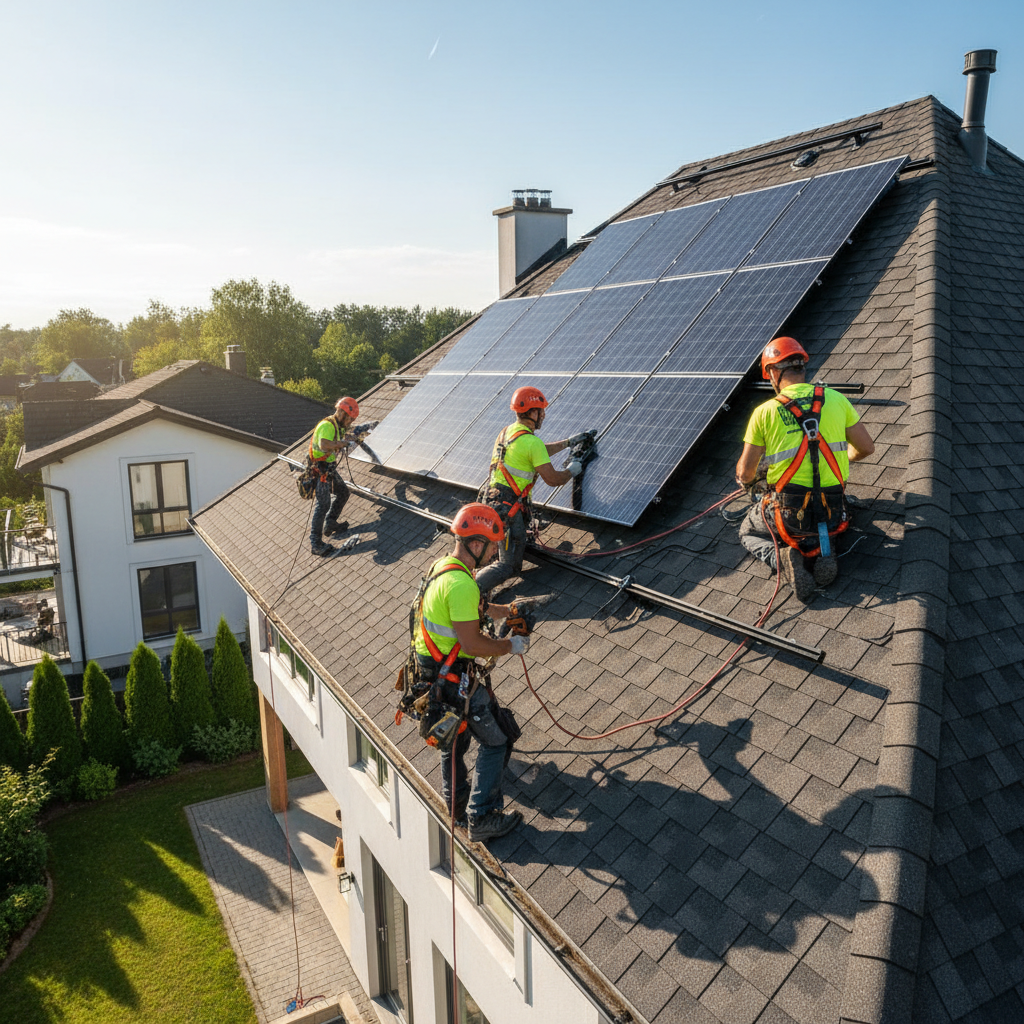 Solar panel installation crew on residential rooftop with safety harnesses and equipment