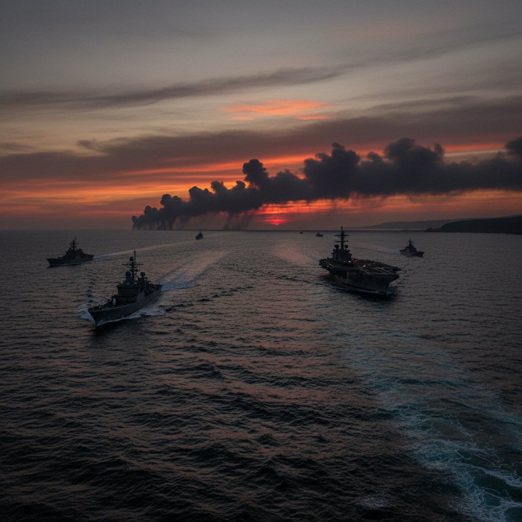 Dark ocean strait at dusk with military vessels and distant smoke on the horizon, orange and grey tones, tense atmosphere