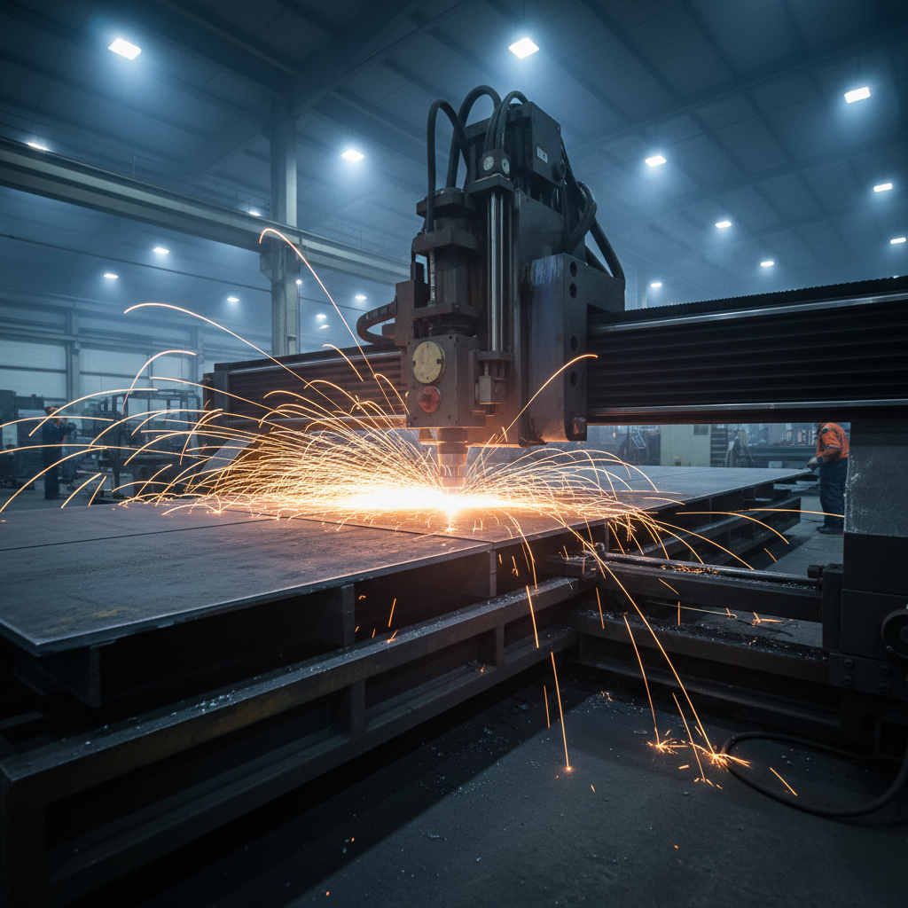 CNC plasma cutter cutting through steel plate with bright plasma arc, dark industrial environment, sparks flying