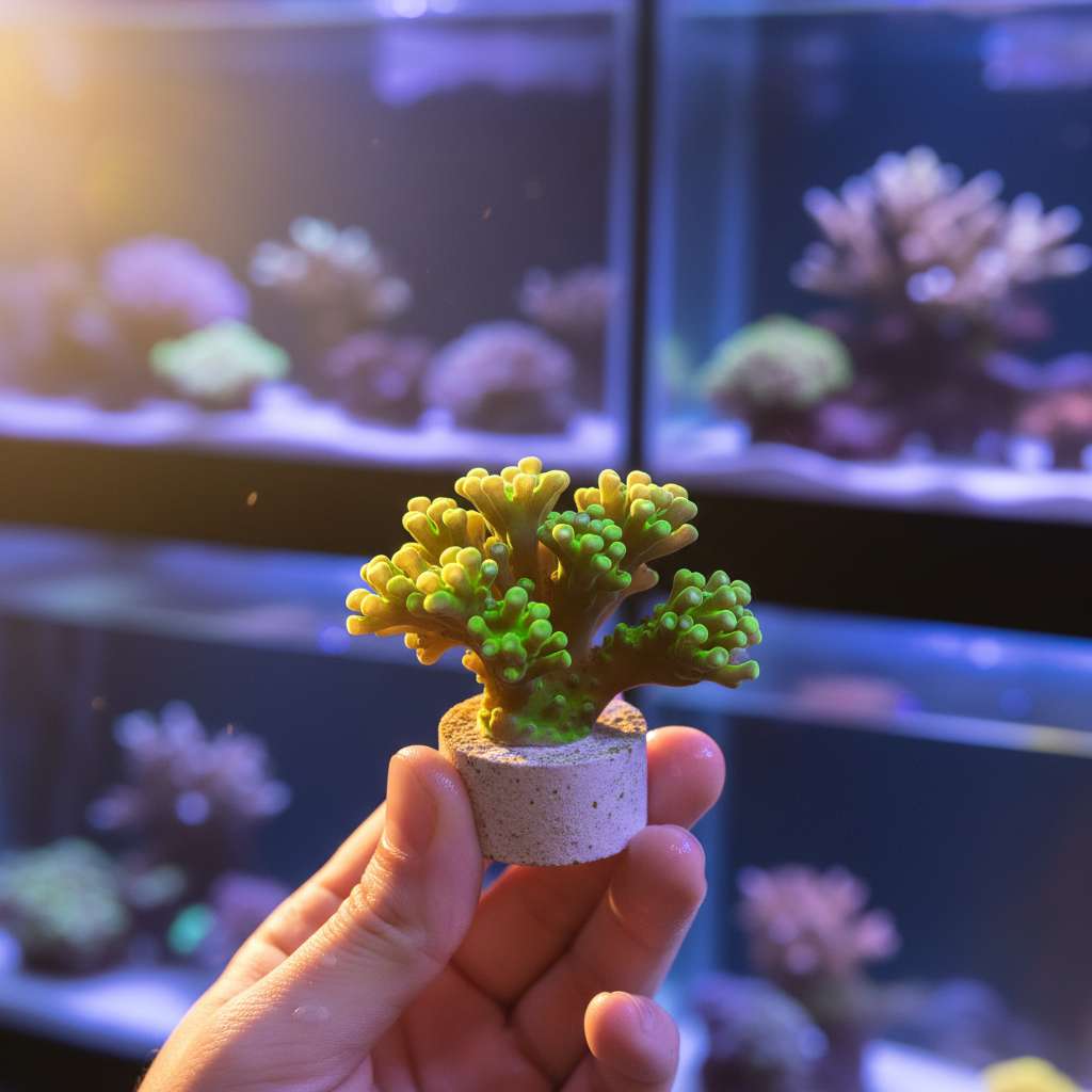 Reef shop counter with hands holding a frag plug of bright green hammer coral, display tanks glowing in the background at golden hour