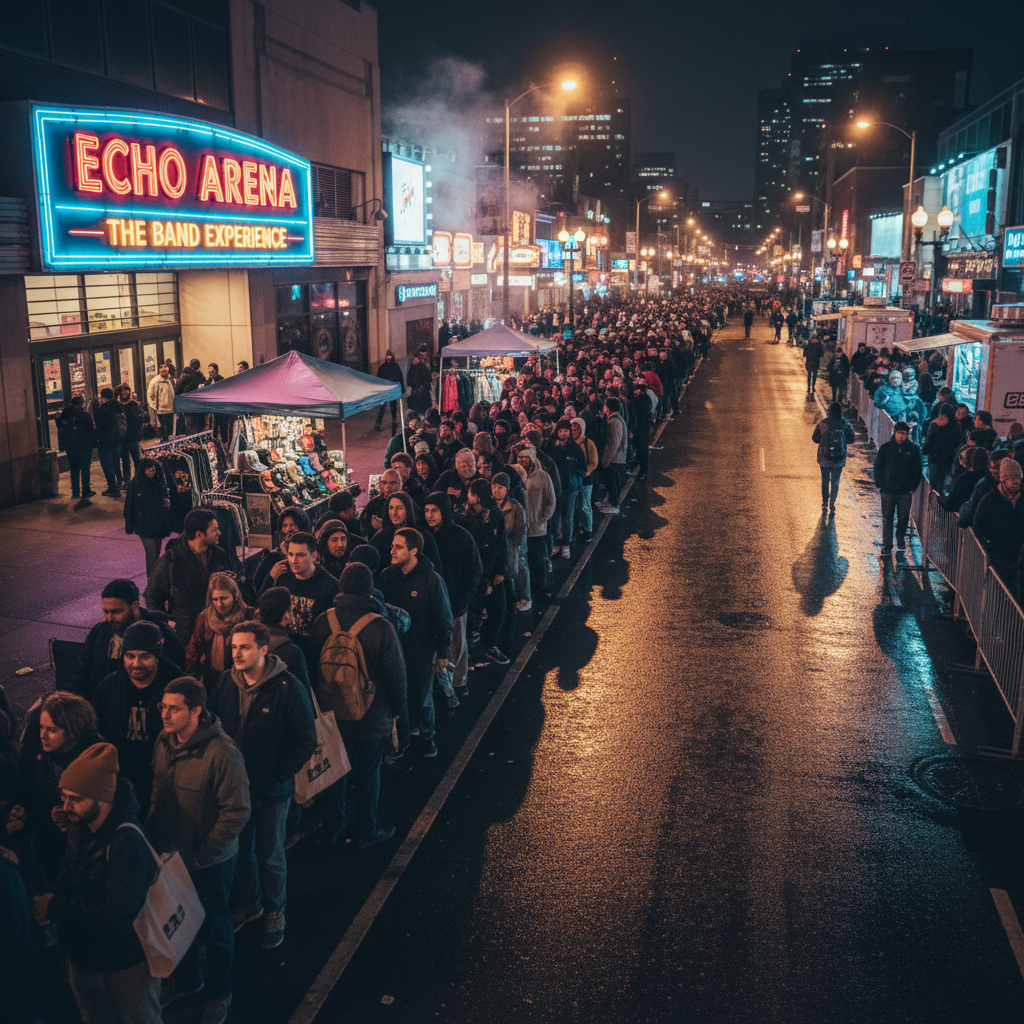 Merch line wrapping around a city block outside a venue at night