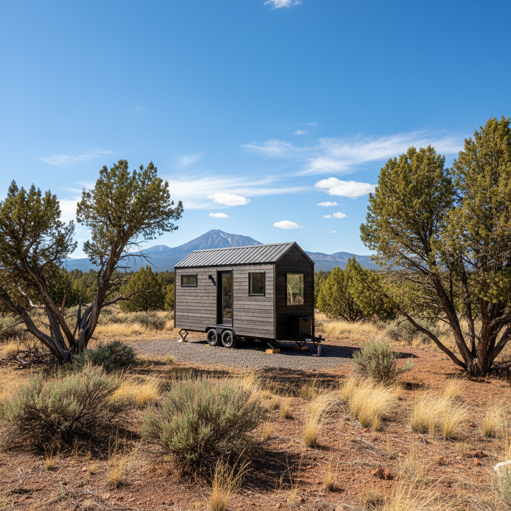 Modern tiny house on wheels parked in high desert Oregon with juniper trees