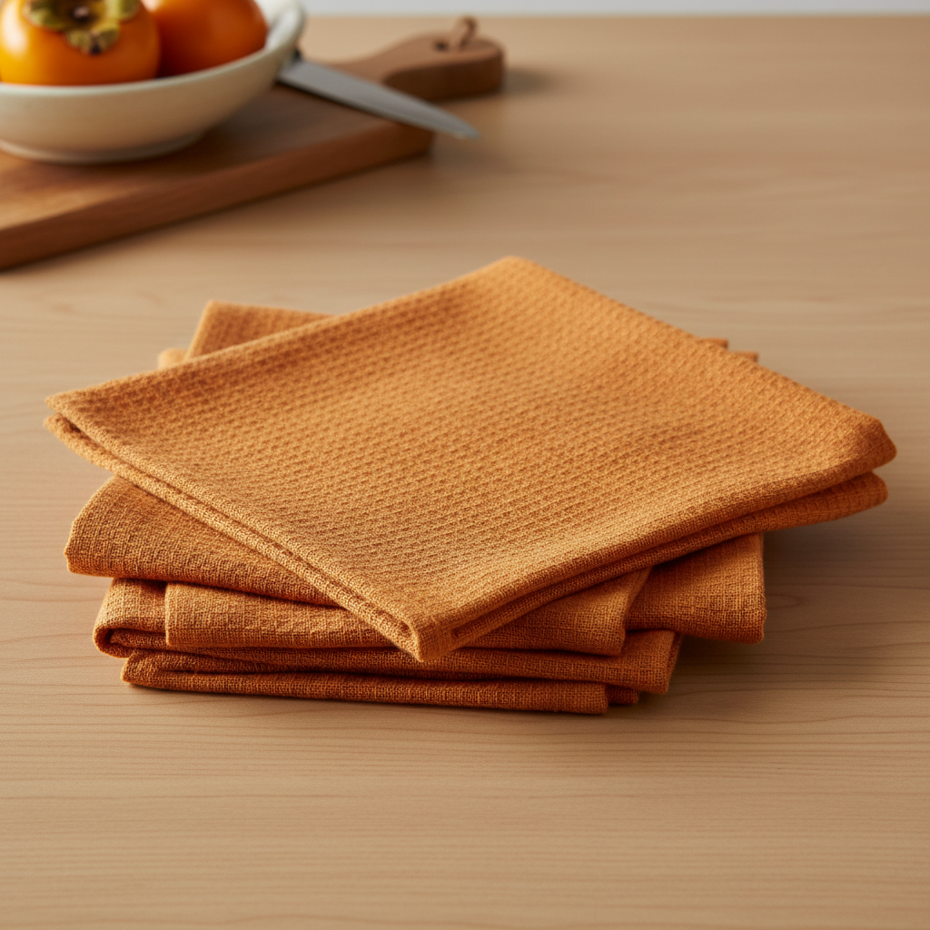 Persimmon dyed orange linen dish cloths stacked on kitchen counter