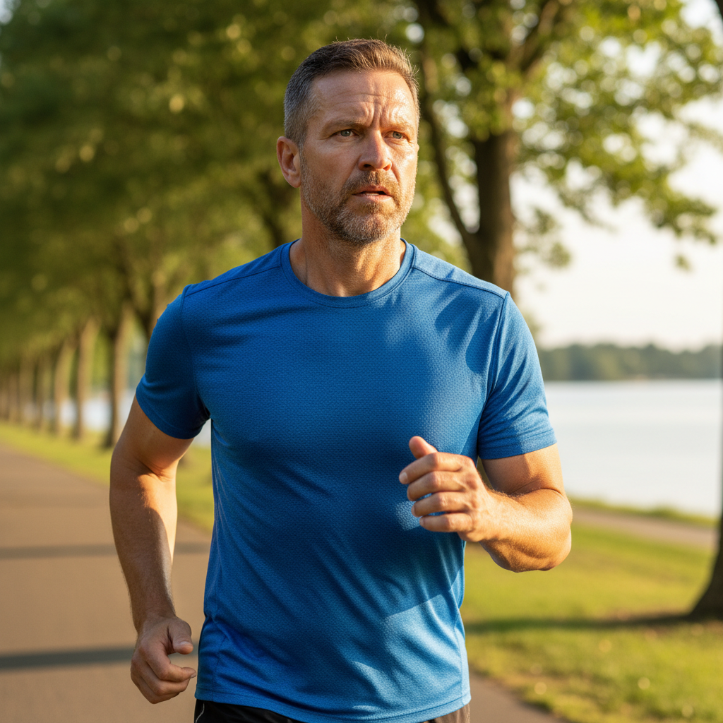 Middle-aged white male athlete with determined expression in outdoor athletic setting