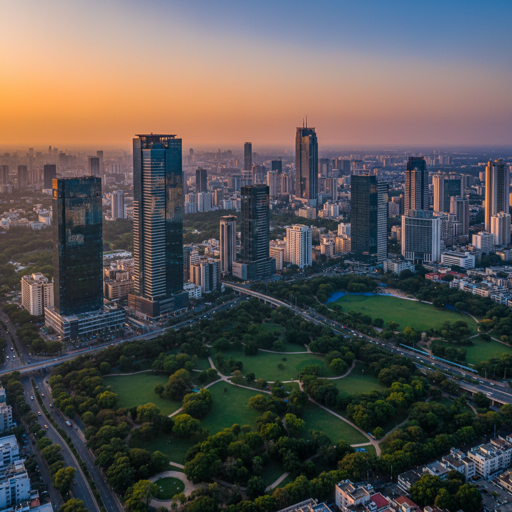 Hyderabad city skyline at dusk with modern glass towers and urban development, aerial photography