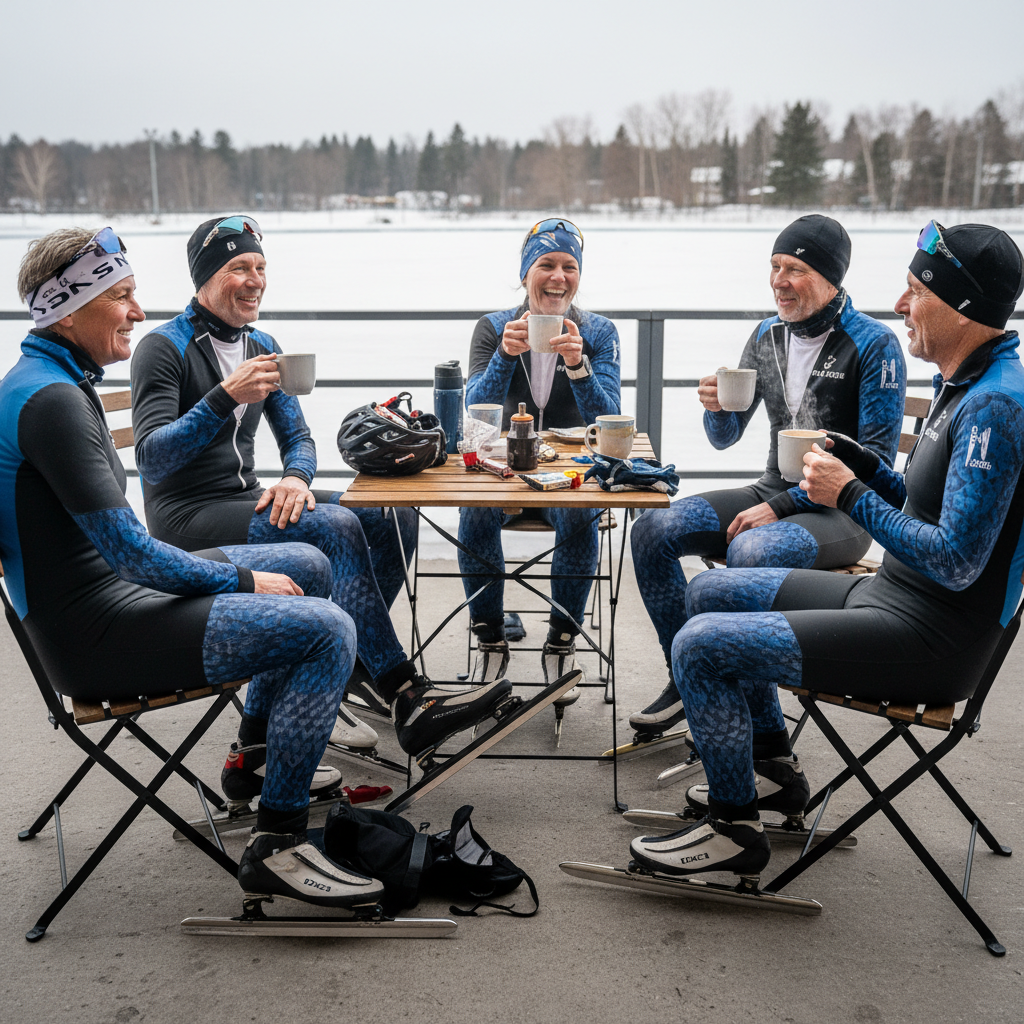 Group of masters skaters laughing over coffee at a table after a long-track session, still in their skating gear