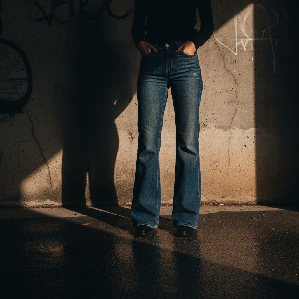 Dark cargo pants on model in urban setting, street lighting, moody atmospheric shadows