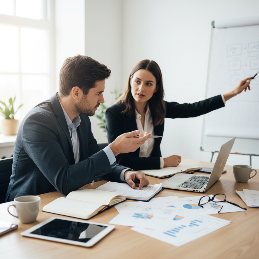 Person drawing strategy on whiteboard in office meeting