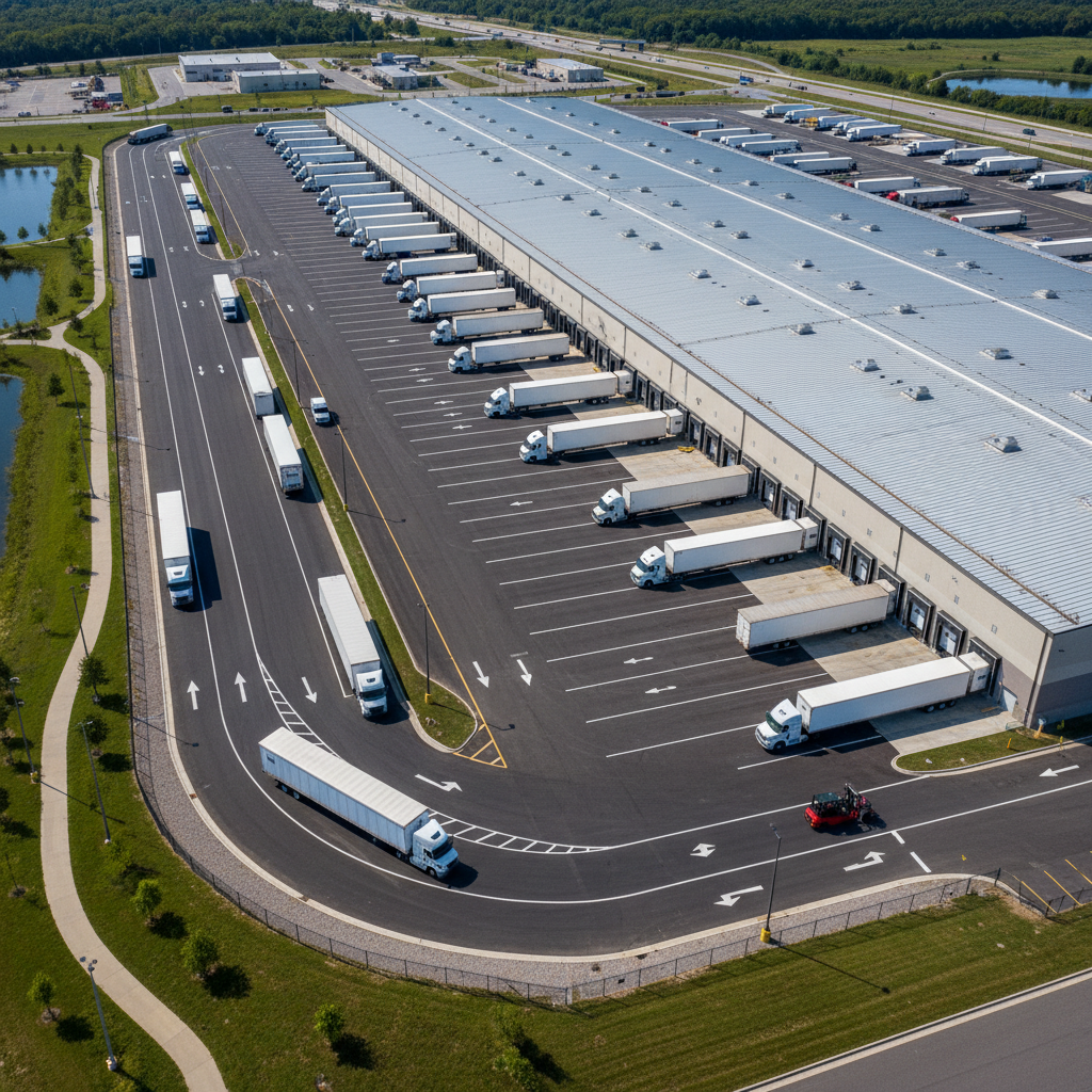 Aerial view of distribution center showing truck loop and dock configuration