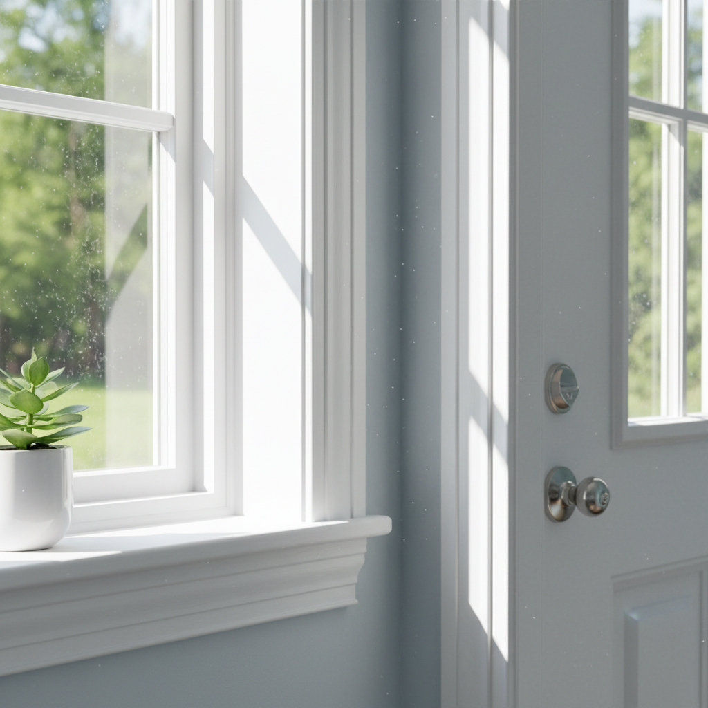 Bright white enamel painted door and trim, clean modern interior, sharp lines