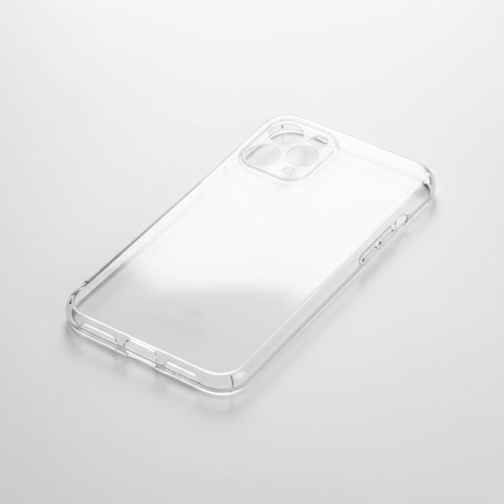 Transparent iPhone protective case on white background