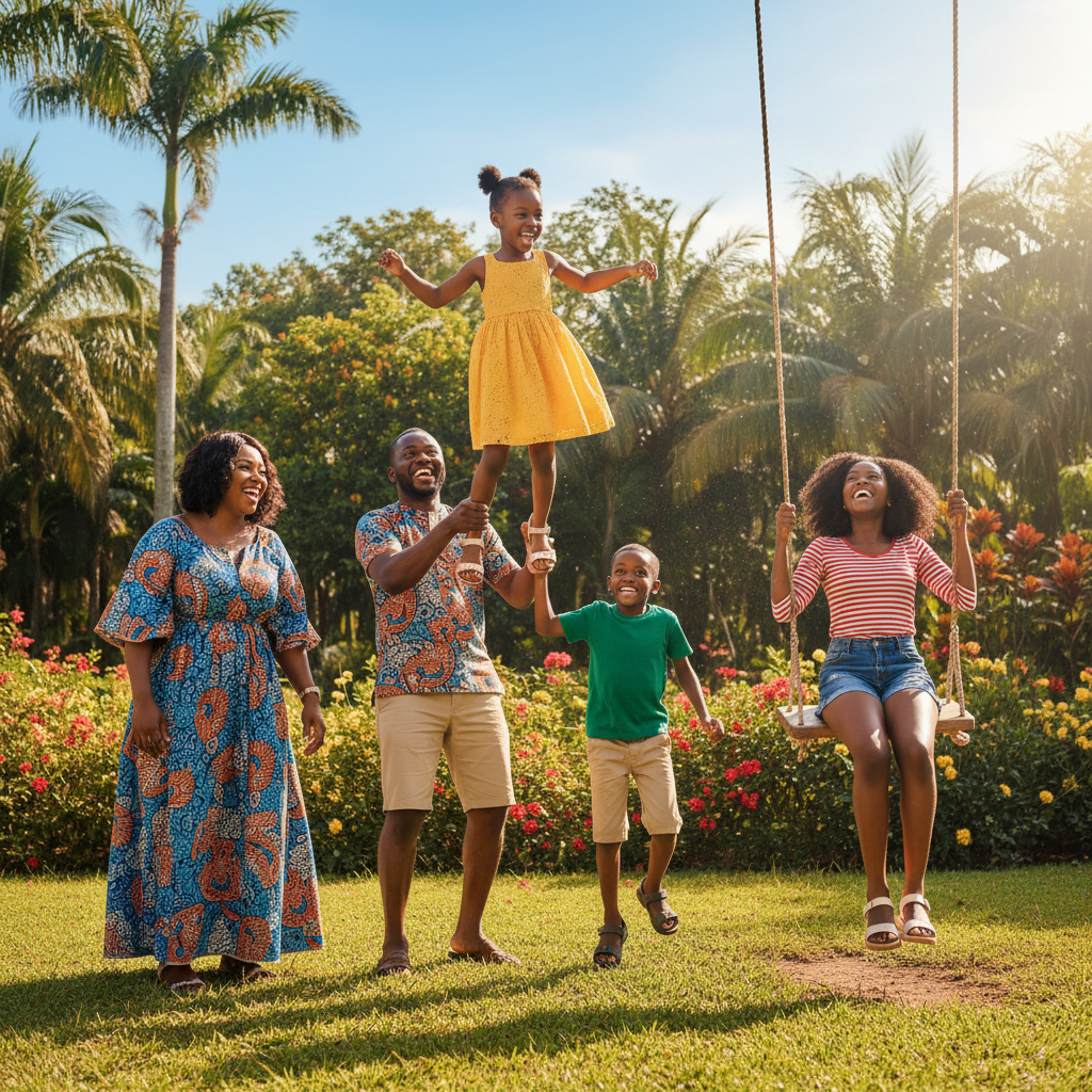 Parents playing with young children in a sunny California backyard, happy and carefree family moment