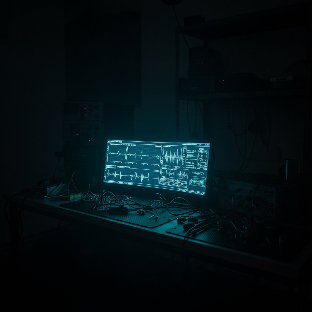 High-tech laboratory with computer screens showing data, dark room with blue-green LED lighting, shadowed technical environment