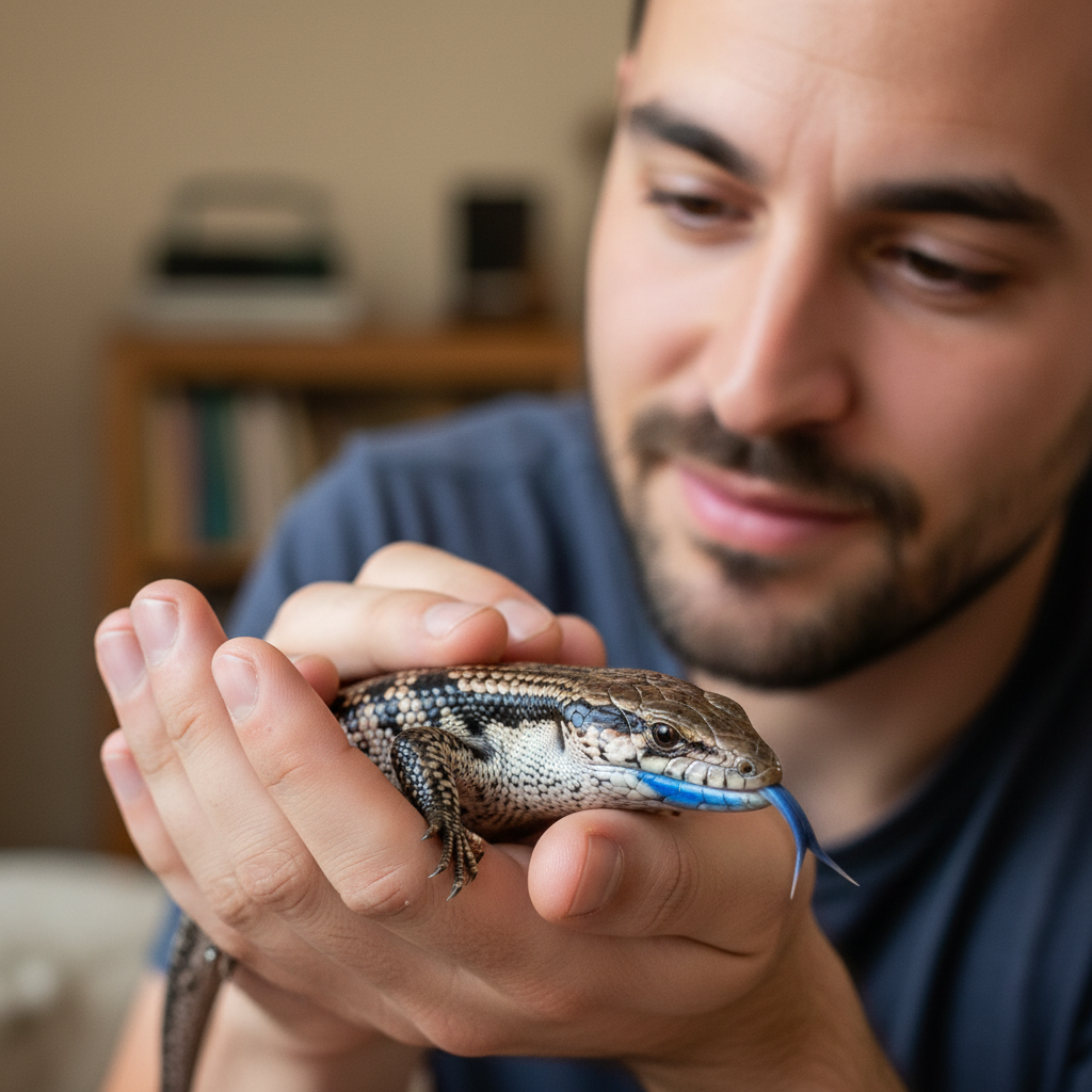 Portrait of James Whitfield, blue tongue skink owner