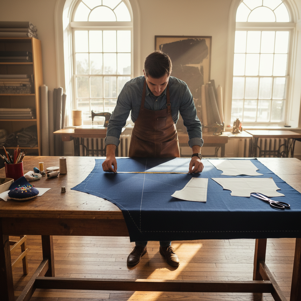 Tailor measuring fabric with chalk marks and pattern pieces laid out on workbench in sunlit studio
