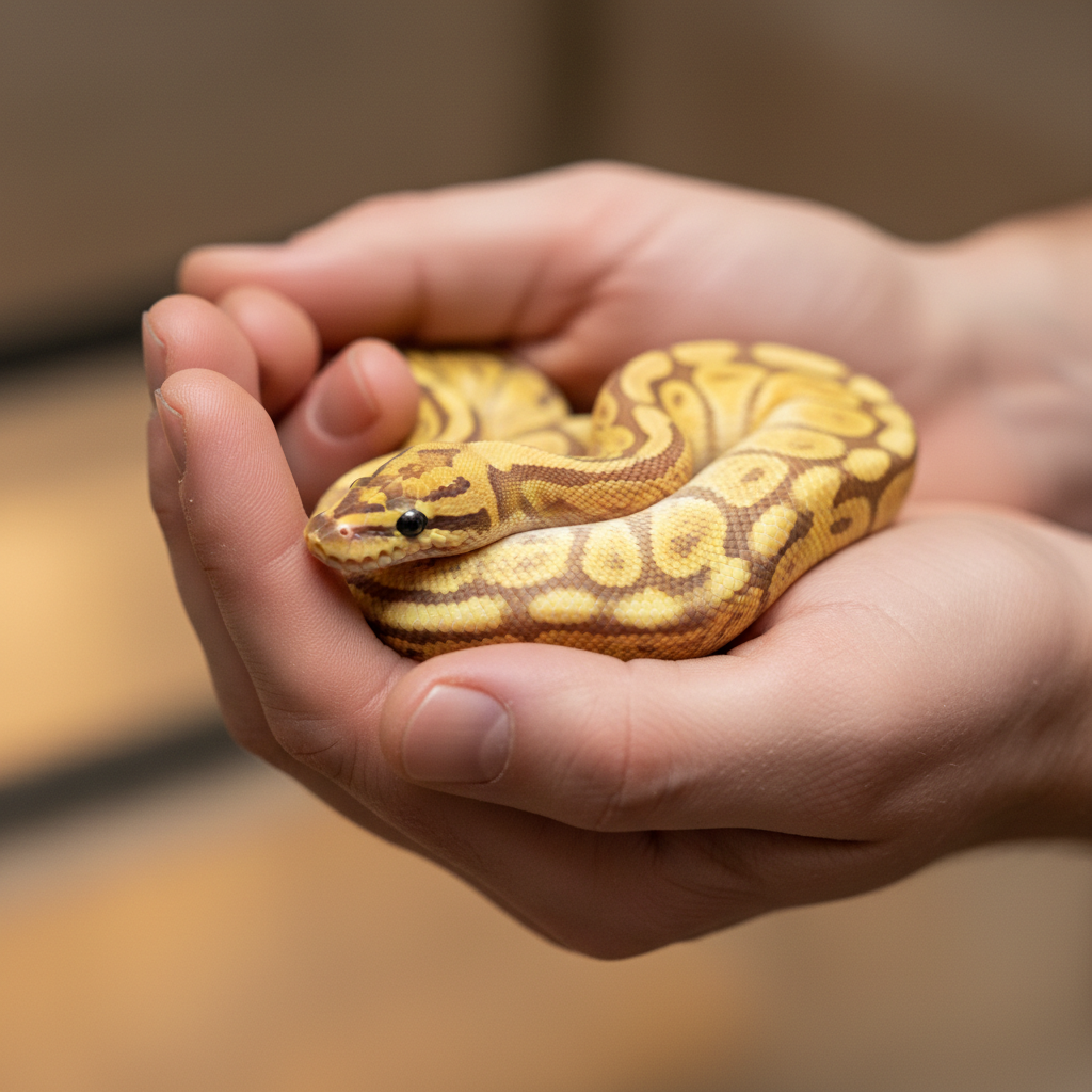 Breeder's hands gently holding a yellow ball python hatchling