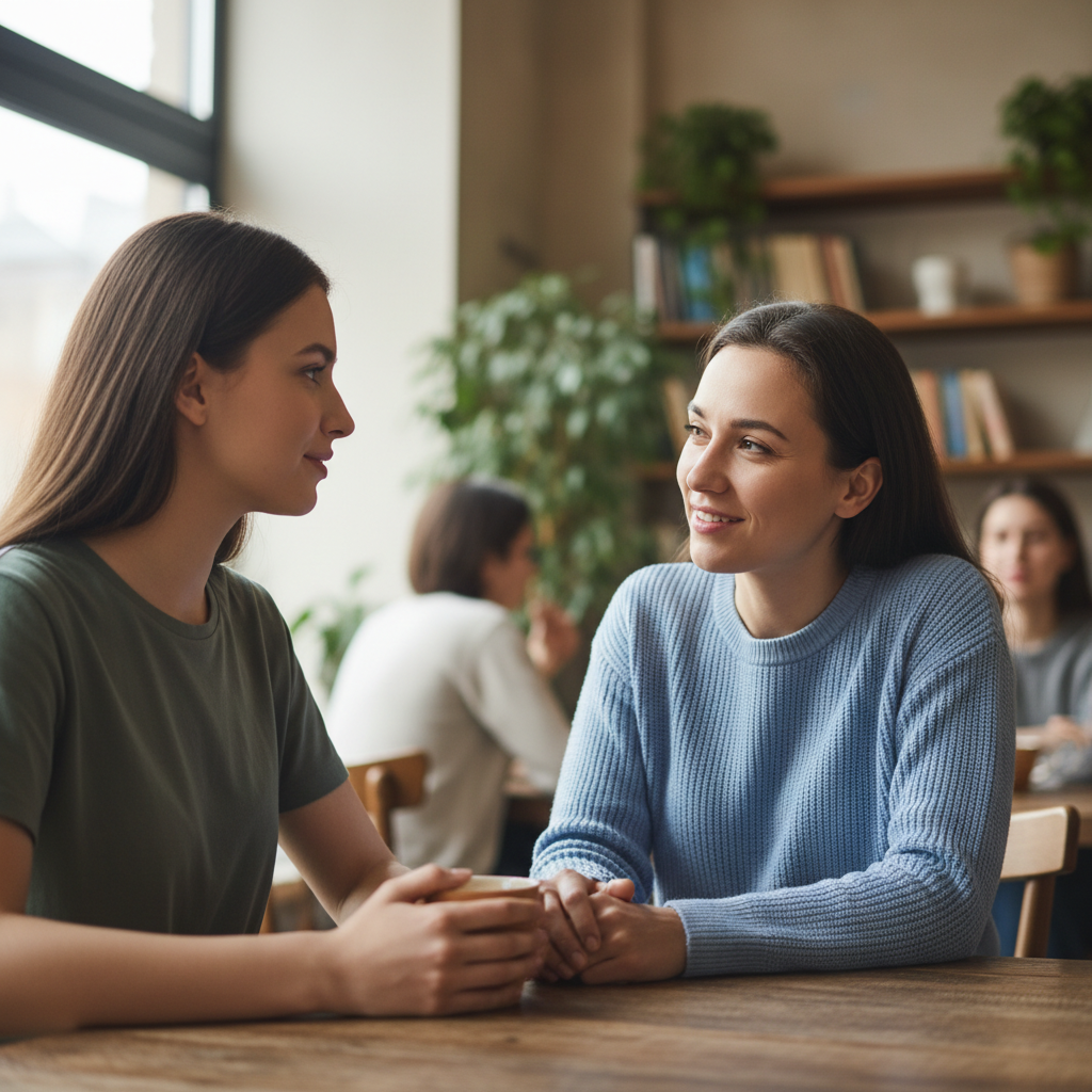 Two people in a supportive conversation — representing affirming, inclusive therapy for diverse relationships and identities