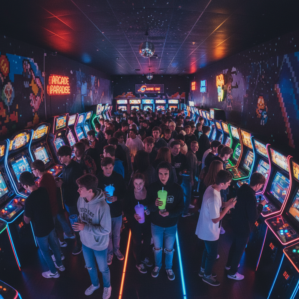 Packed arcade floor on Friday night, teens crowded around glowing cabinets in dark venue