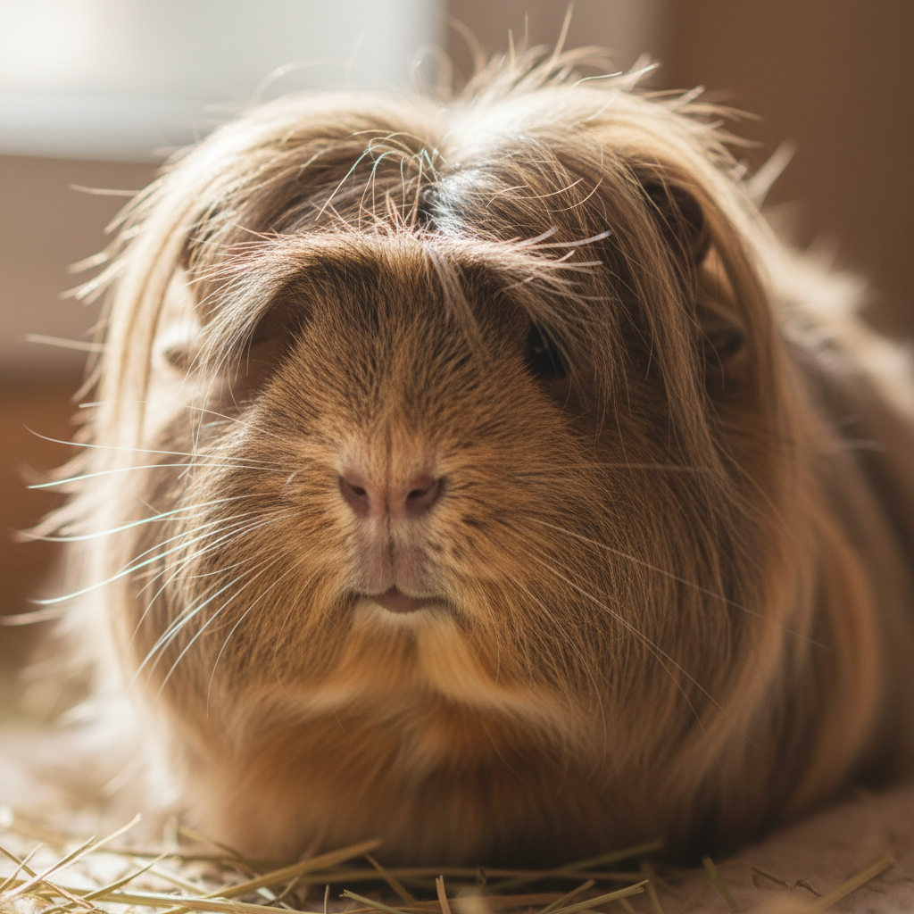Peruvian guinea pig with long matted fur covering eyes before grooming session
