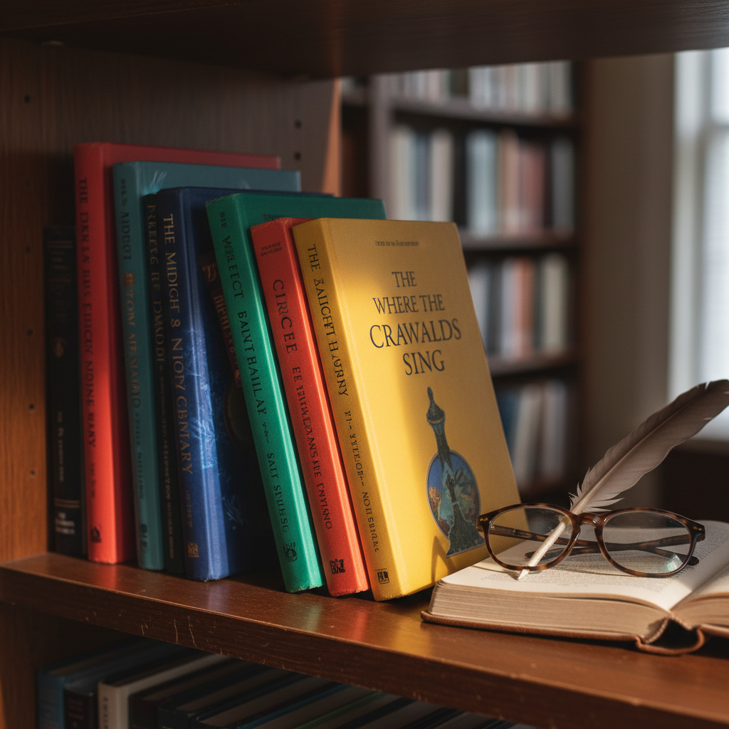 Open books stacked on wooden shelf, warm library lighting, soft shadows