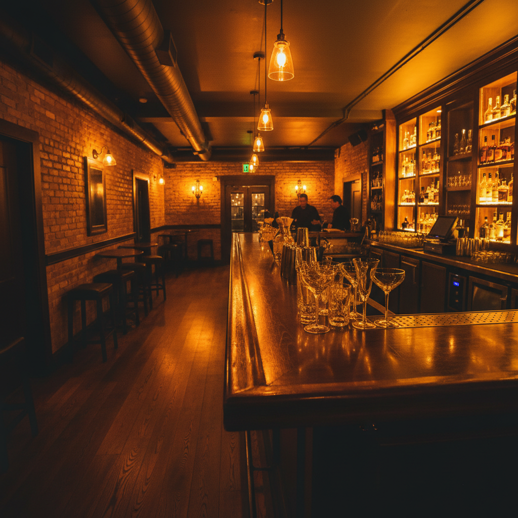 Restaurant bar with warm amber lighting, cocktails lined up, dark wood and gold accents