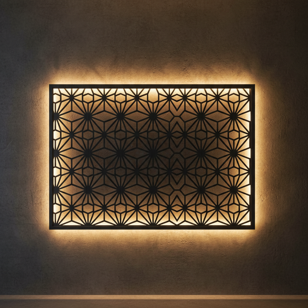 Geometric CNC carved decorative wall panel with intricate lattice pattern creating dramatic shadow effects
