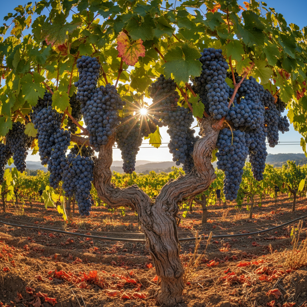 Heavy Cabernet Sauvignon clusters hanging from old vines at harvest in Napa Valley