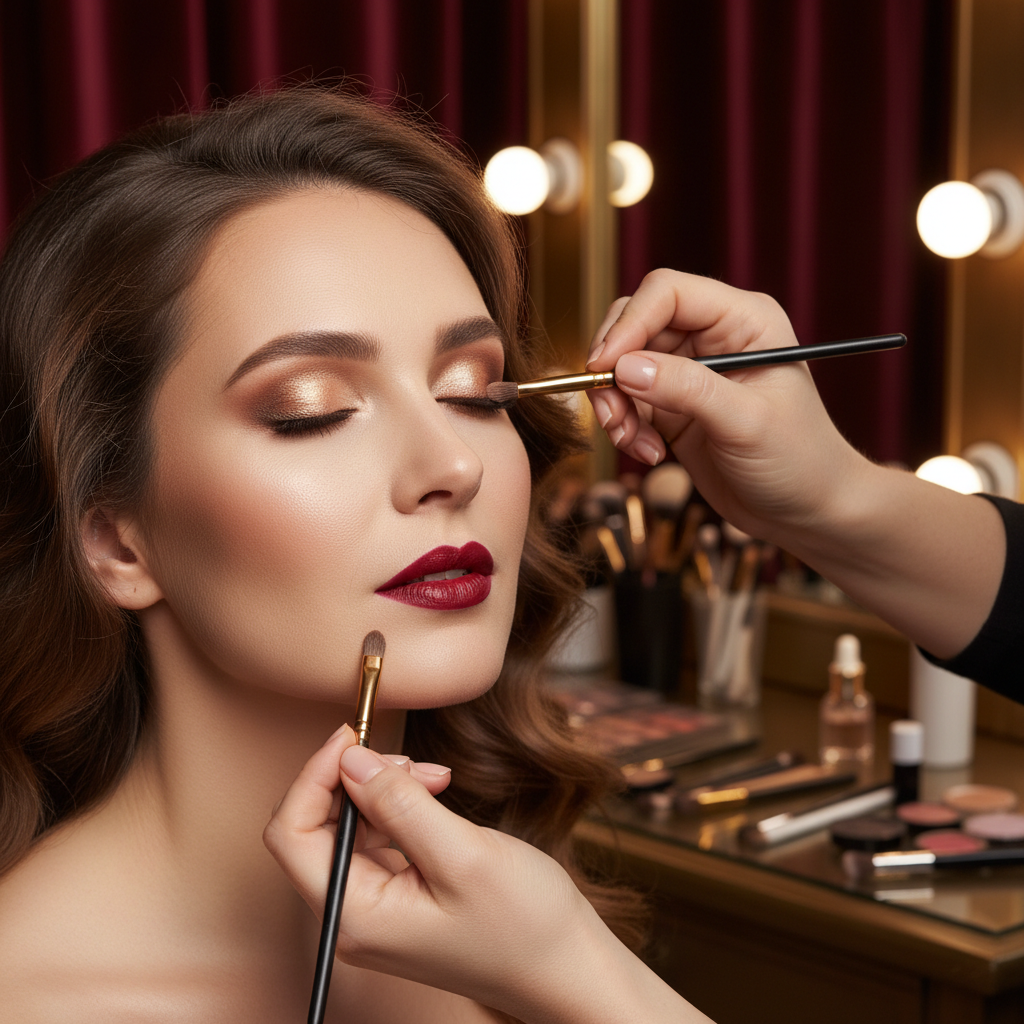 Professional makeup artist applying elegant evening makeup with warm gold tones on a client in a luxury salon setting
