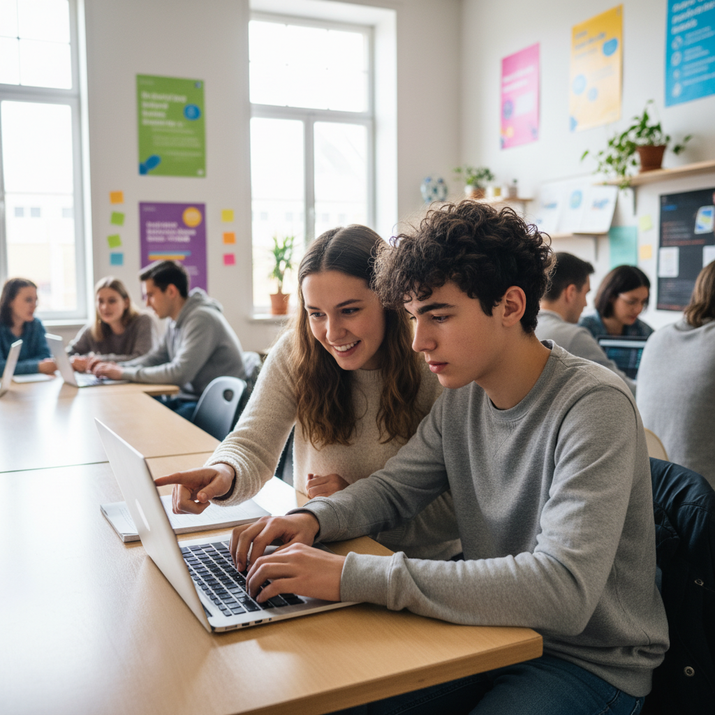 Teenager and adult mentor working together on a laptop, bright modern workspace, engaged expressions