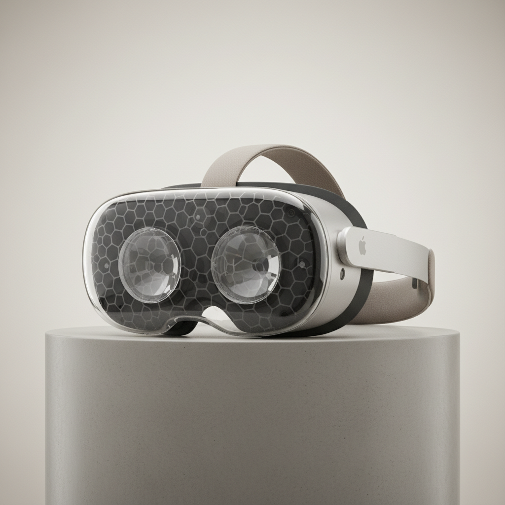 Person holding Apple Vision Pro headset in a clean white studio