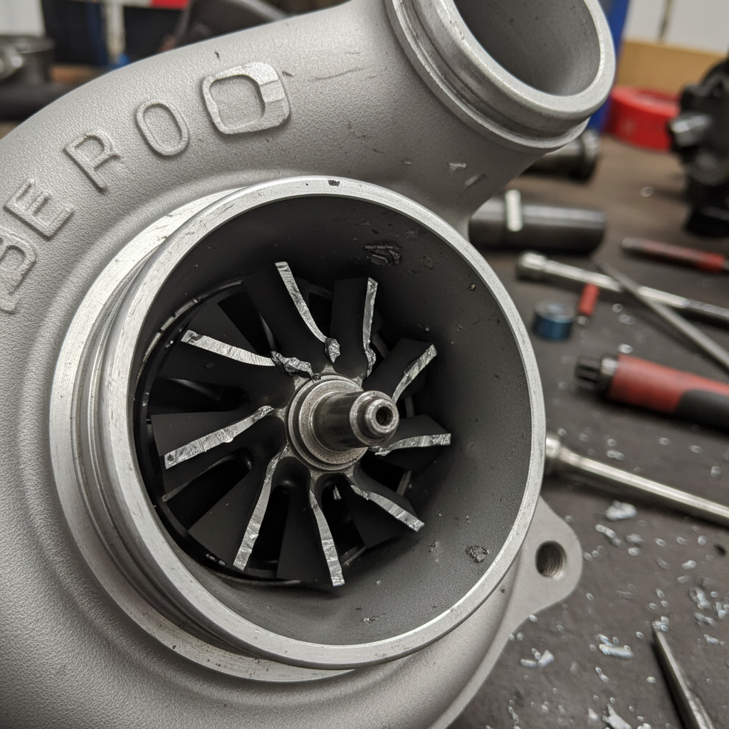 High pressure turbocharger removed showing impeller blade damage from housing contact