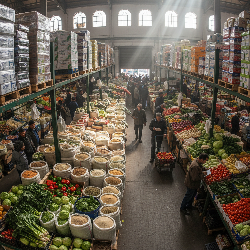 Wholesale food market with bulk products and commercial buyers