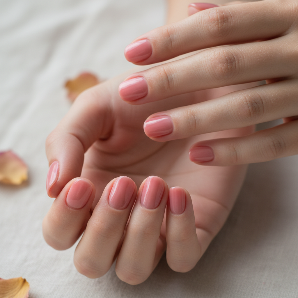 Close-up of hands with sheer rose gel manicure, soft natural light
