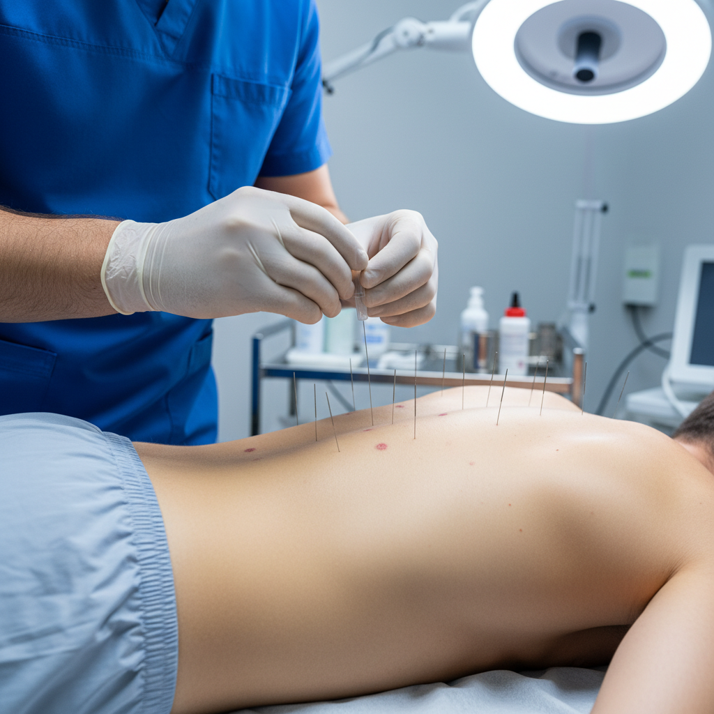 Clinical practitioner performing dry needling therapy on a patient with back pain