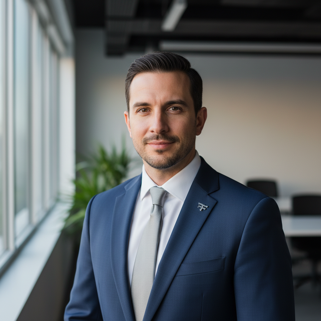 Professional man with glasses smiling, bright office background