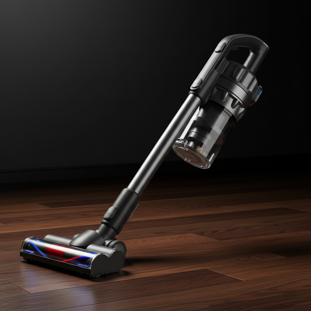 Modern cordless vacuum cleaner on wooden floor