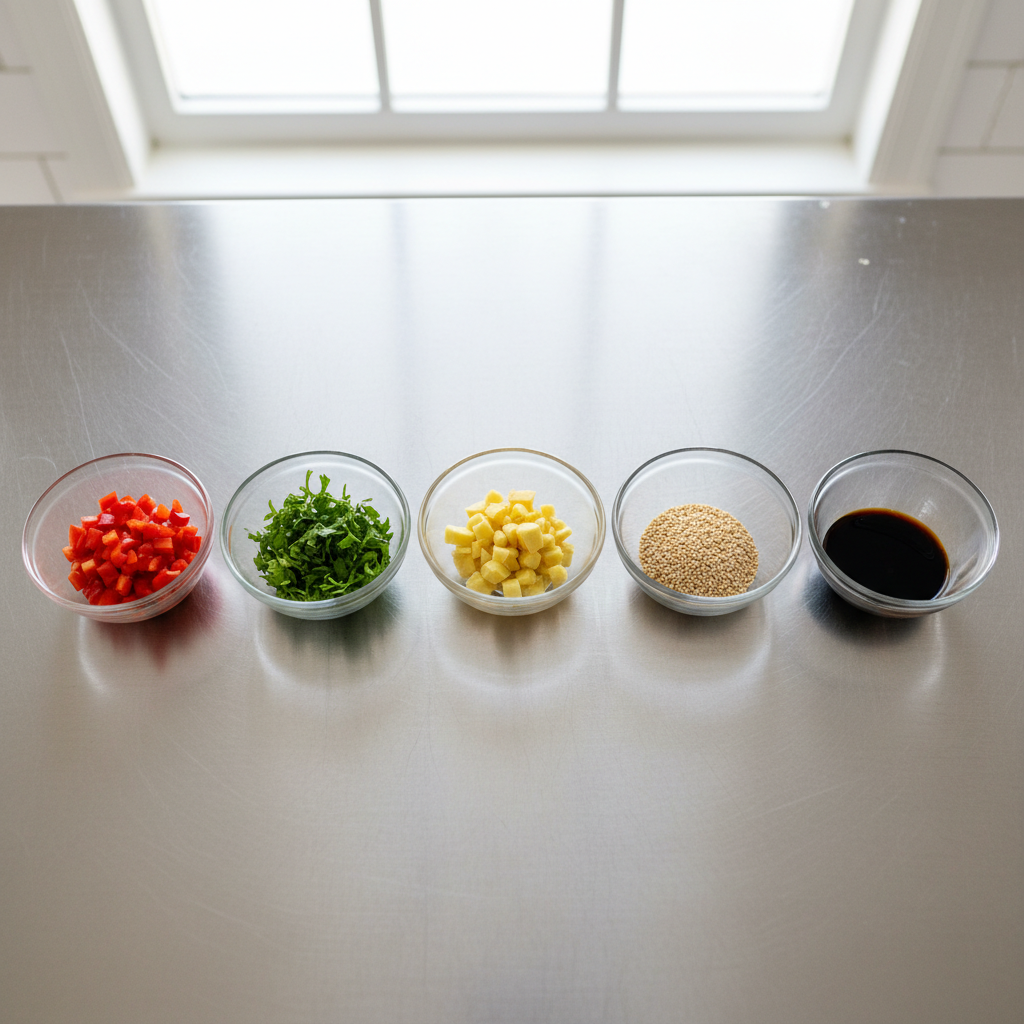 Overhead view of mise en place — small glass bowls of prepped ingredients lined up precisely on stainless steel