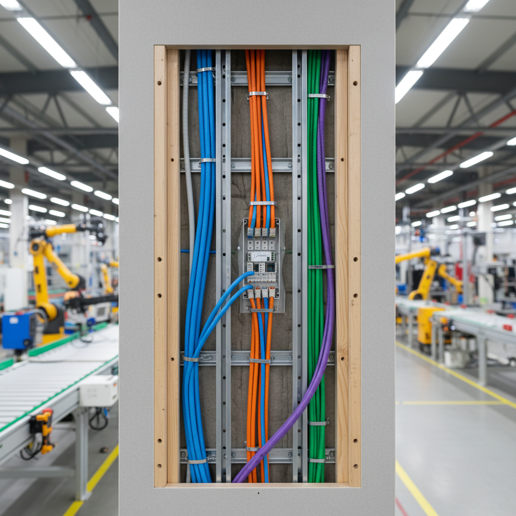Smart home wiring harness with color-coded conduits inside factory-built wall cavity