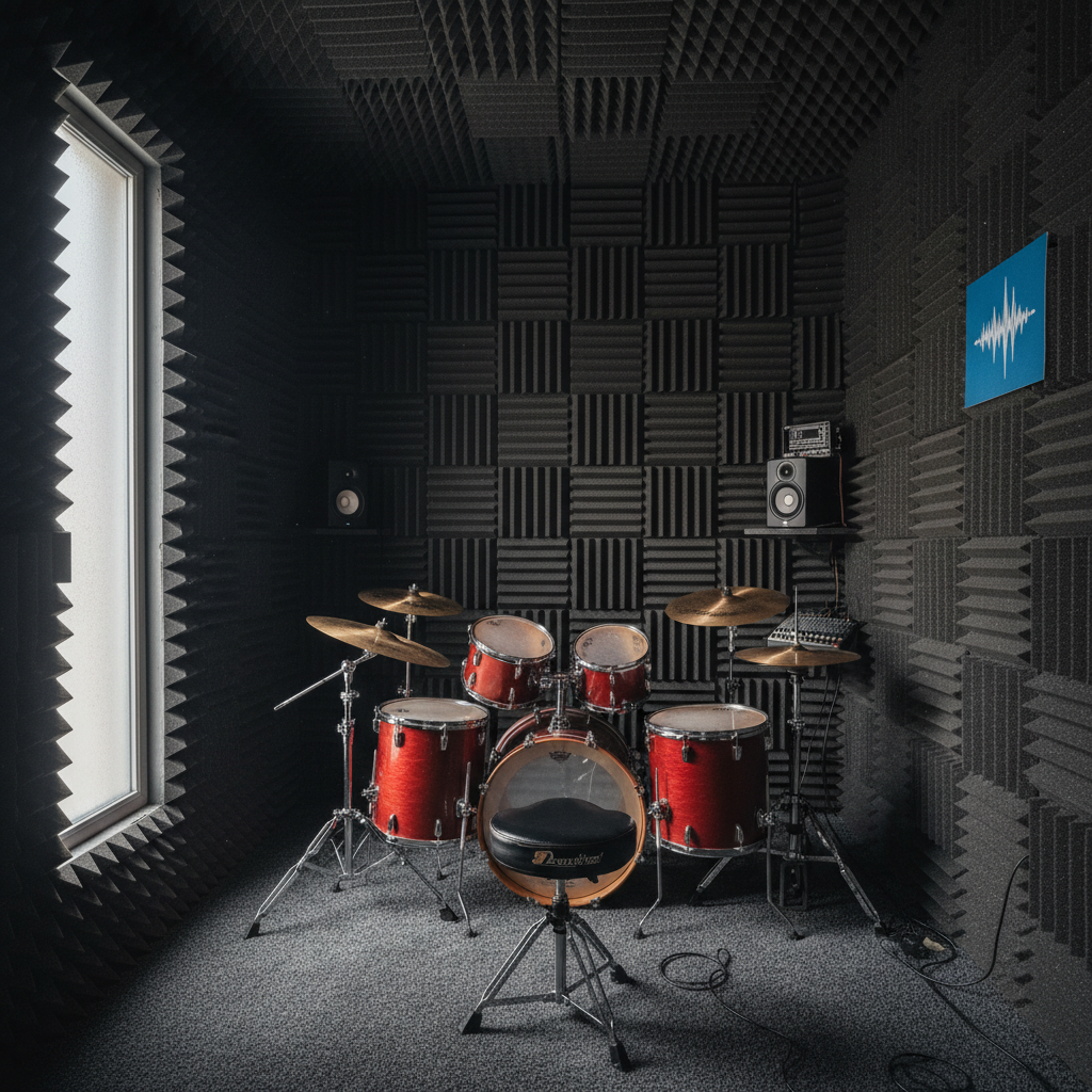 Small soundproofed practice room with drum kit and acoustic foam panels on dark walls