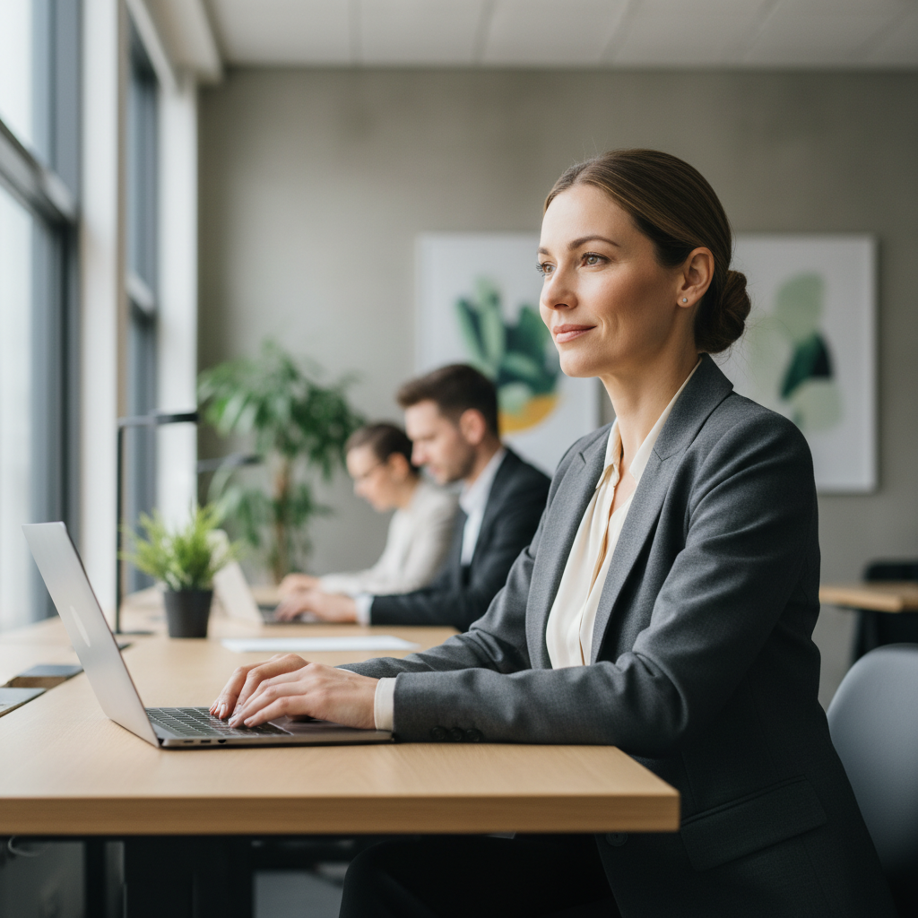 Participant at their workplace, quiet confidence