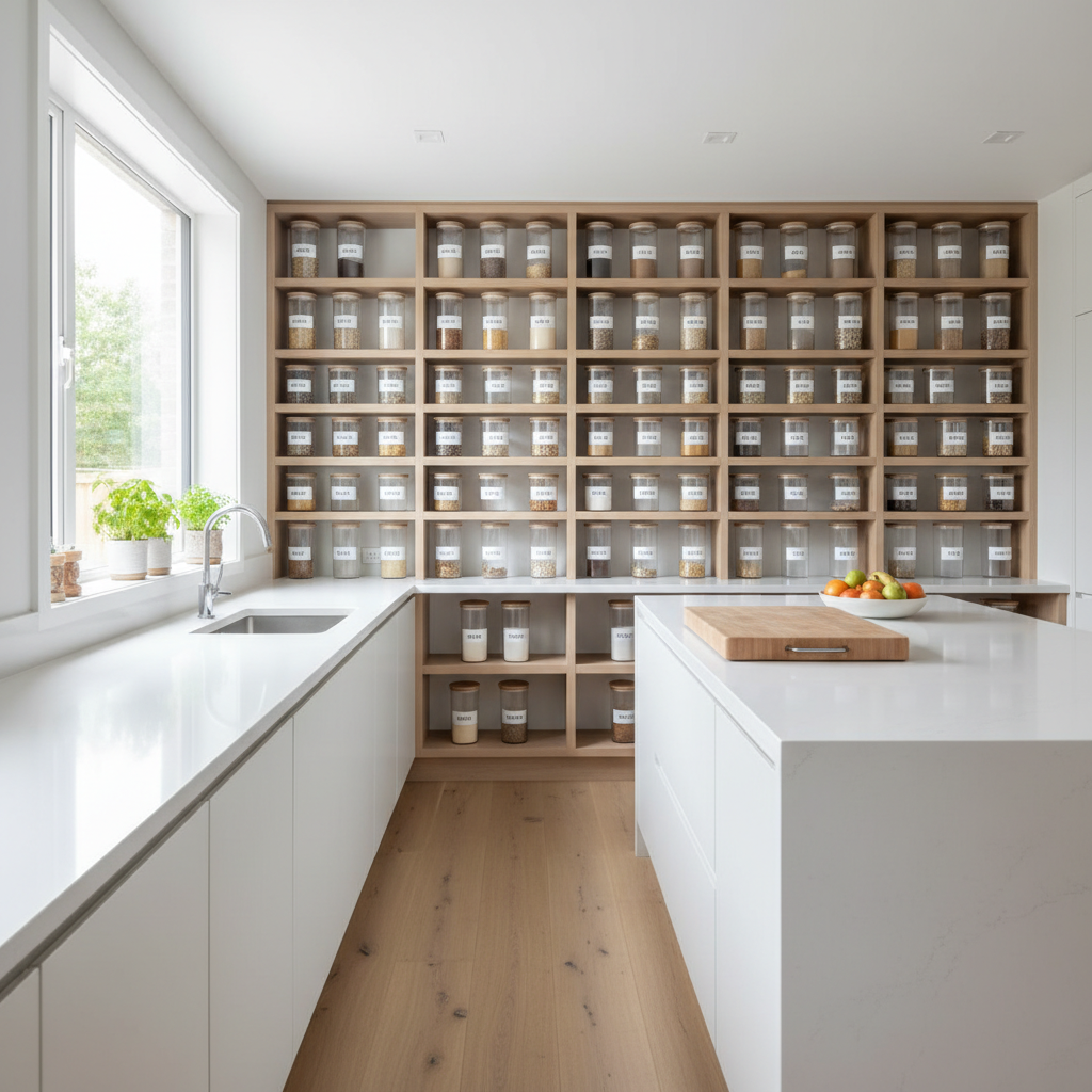 Organised modern kitchen with neat storage solutions, labelled containers, bright clean interior