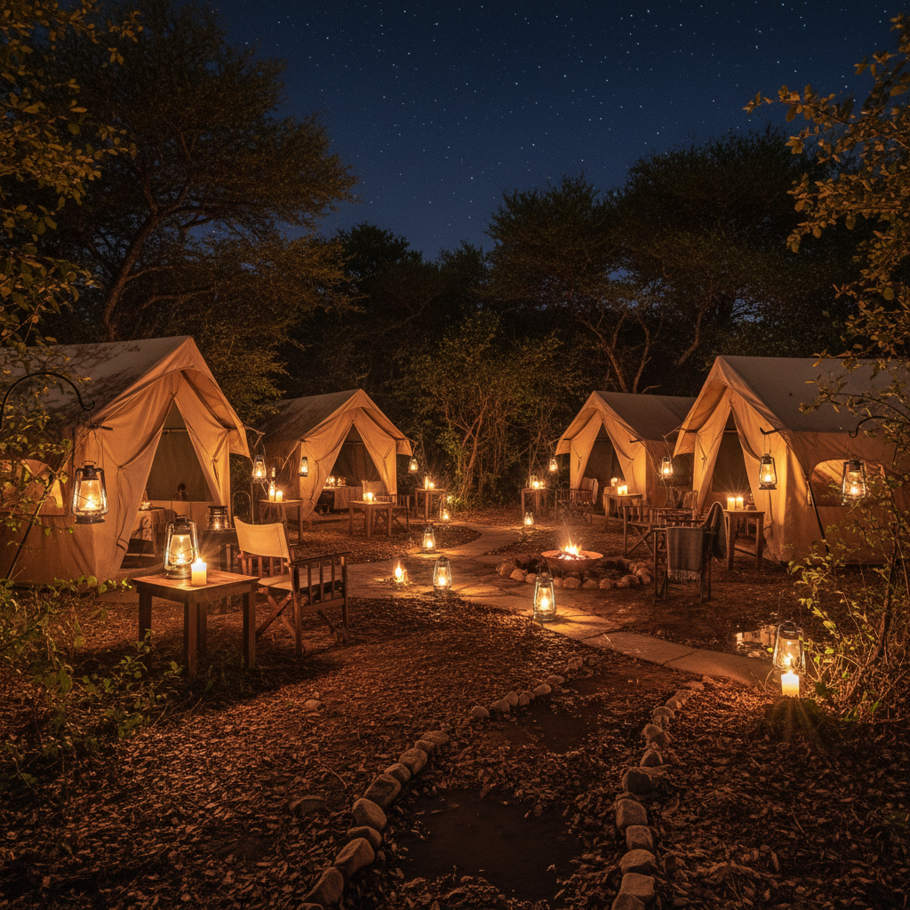 Bomani tented lodge at night with lanterns lit and bush sounds