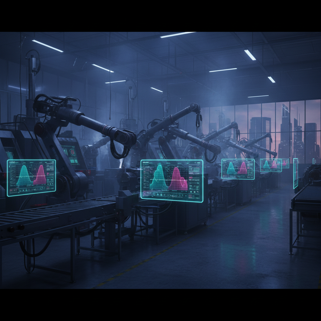 Industrial factory floor with heavy machinery and dim atmospheric lighting, dark steel walls and low-key industrial environment